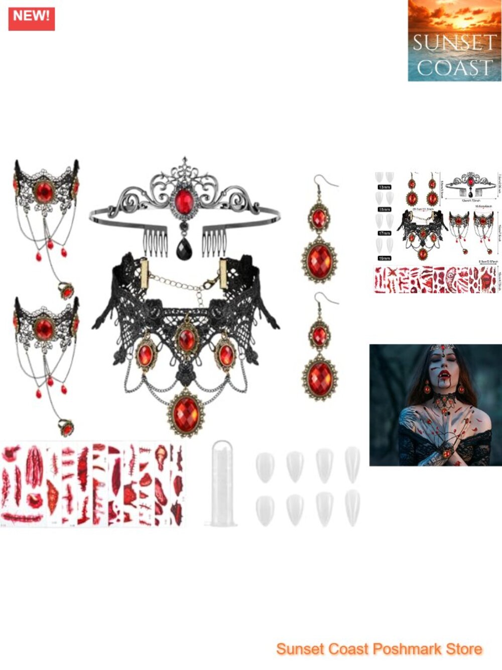 Gothic Vampire Costume Accessory Set Crown Lace Necklace Bracelets Earrings